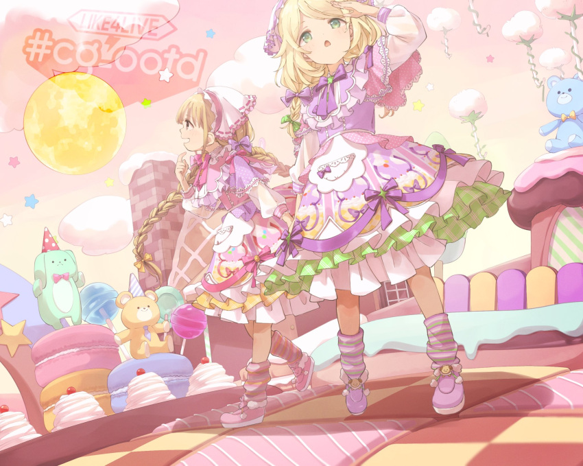 2girls arm_up beaky45779868 blonde_hair blush bow bowtie braid breasts brown_eyes candy capelet chocolate clouds cookie corset cream dress flat_chest food frilled_dress frills full_body full_moon futaba_anzu green_eyes green_ribbon hair_bow hair_ribbon hairband hand_up highres hood hoodie idolmaster idolmaster_cinderella_girls idolmaster_cinderella_girls_starlight_stage layered_skirt lollipop long_hair long_sleeves low_twintails macaron moon multicolored_clothes multicolored_dress multiple_girls open_mouth pink_bow pink_bowtie pink_capelet pink_corset pink_footwear polka_dot_capelet purple_capelet purple_corset purple_footwear purple_ribbon red_hairband red_ribbon ribbon ribbon-trimmed_skirt ribbon_trim shoes skirt small_breasts smile socks standing star_(symbol) star_ornament striped striped_socks stuffed_animal stuffed_toy twin_braids twintails very_long_hair white_hoodie yusa_kozue