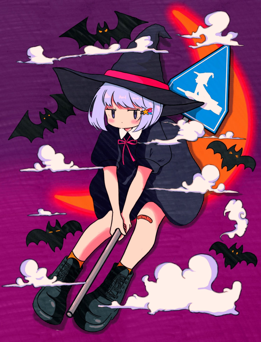 1girl animal bandaid bandaid_on_knee bandaid_on_leg bat_(animal) black_dress black_footwear black_headwear boots clouds collared_dress commentary crescent_moon dress drop_shadow full_body hair_ornament hairclip hat hat_ribbon highres jitome light_purple_hair looking_at_viewer moon nao97122 neck_ribbon orange_moon orange_socks original pink_ribbon pointy_hat puffy_short_sleeves puffy_sleeves purple_background ribbon riding road_sign short_dress short_hair short_sleeves sign socks solo violet_eyes witch witch_hat