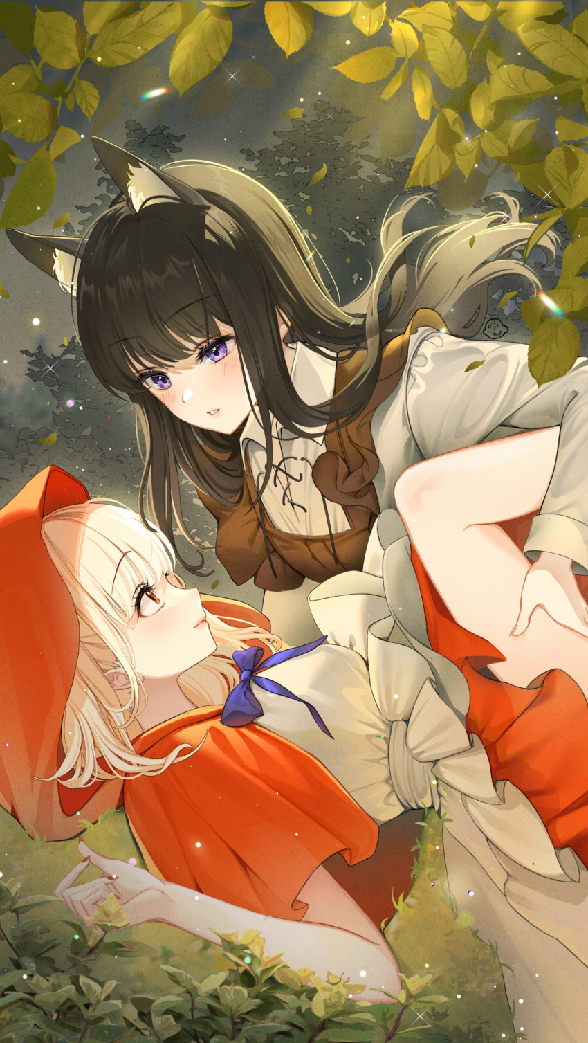 2girls alternate_costume animal_ears apron big_bad_wolf big_bad_wolf_(cosplay) black_hair blonde_hair blush bow bowtie breasts closed_mouth cosplay cropped_legs eyebrows_hidden_by_hair falling_leaves forest highres holding_another's_leg holding_another's_thighs hood hood_up hyeyoon_0205 inoue_takina knee_up lace-up lace-up_top leaf lipstick little_red_riding_hood long_bangs looking_at_another looking_down looking_up lycoris_recoil lying makeup multiple_girls nail_polish nature nishikigi_chisato on_back parted_lips pink_lips red_eyes thighs tree violet_eyes wolf wolf_ears wolf_girl