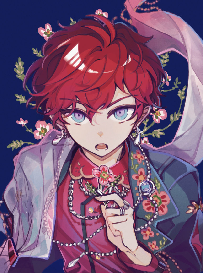 1boy amagi_hiiro blue_background blue_eyes blue_jacket collared_shirt earrings ensemble_stars! film_grain flower hair_between_eyes hand_up highres holding holding_flower jacket jacket_on_shoulders jewelry long_sleeves looking_at_viewer male_focus milemon_0118 multicolored_eyes multiple_rings official_alternate_costume open_mouth pink_flower red_shirt redhead ring shirt short_hair simple_background solo upper_body violet_eyes