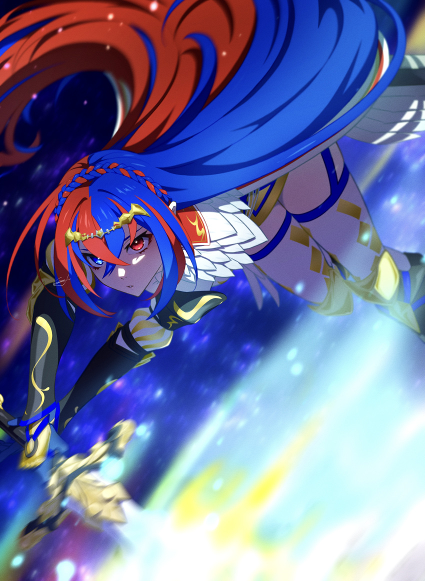 1girl absurdres alear_(female)_(fire_emblem) alear_(fire_emblem) armor blue_eyes blue_hair braid crossed_bangs crown_braid feathers fire_emblem fire_emblem_engage gloves heterochromia highres holding holding_weapon long_hair multicolored_hair official_alternate_costume red_eyes redhead shoulder_armor sissel0104 solo split-color_hair sword thigh-highs thigh_strap thighs tiara two-tone_hair very_long_hair weapon