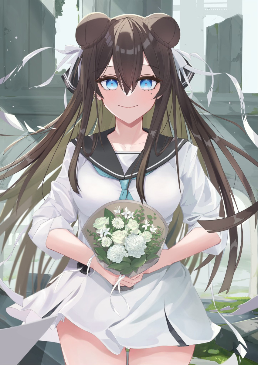 1girl blue_eyes bouquet breasts brown_hair brown_sailor_collar character_request closed_mouth commentary_request copyright_request cowboy_shot crossed_bangs double_bun dress flower grey_neckerchief hair_between_eyes hair_bun hair_ribbon highres holding holding_bouquet looking_at_viewer medium_breasts mole mole_under_eye neckerchief outdoors ribbon sailor_collar sailor_dress shian-chu sidelocks sleeves_past_elbows sleeves_rolled_up smile solo standing thigh_gap white_dress wind