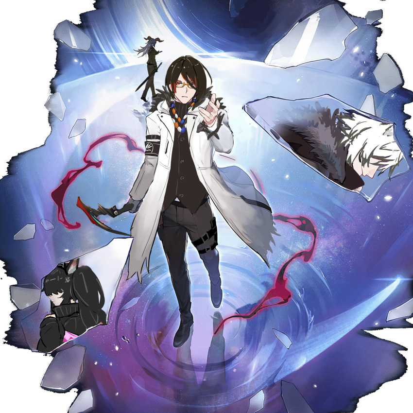 2boys 2girls absurdres animal_ear_fluff animal_ears armband black_armband black_hair black_pants black_vest coat commentary curled_horns deer_ears degenbrecher_(arknights) from_side glasses gnosis_(arknights) highres holding holding_scythe holding_sword holding_weapon honkai:_star_rail honkai_(series) horns leopard_ears long_sleeves looking_at_viewer monch_(arknights) multicolored_hair multiple_boys multiple_girls open_clothes open_coat pants parody parted_lips redhead reflection scythe shoes silverash_(arknights) standing streaked_hair sword symbol-only_commentary toyyot two-tone_hair vest weapon white_coat white_hair