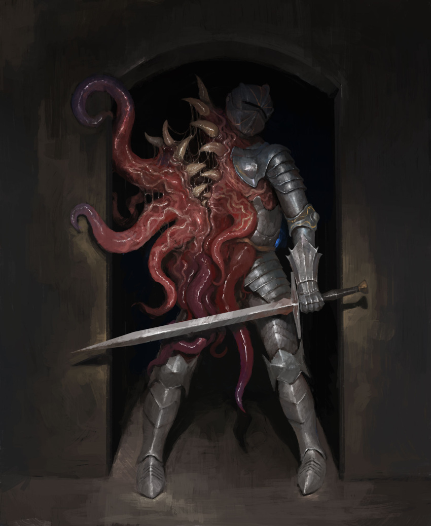1other ambiguous_gender armor armored_boots body_horror boots creature door facing_viewer full_armor full_body gauntlets helm helmet highres holding holding_sword holding_weapon horror_(theme) knight oleg_bulakh open_mouth original saliva sword teeth tentacles weapon