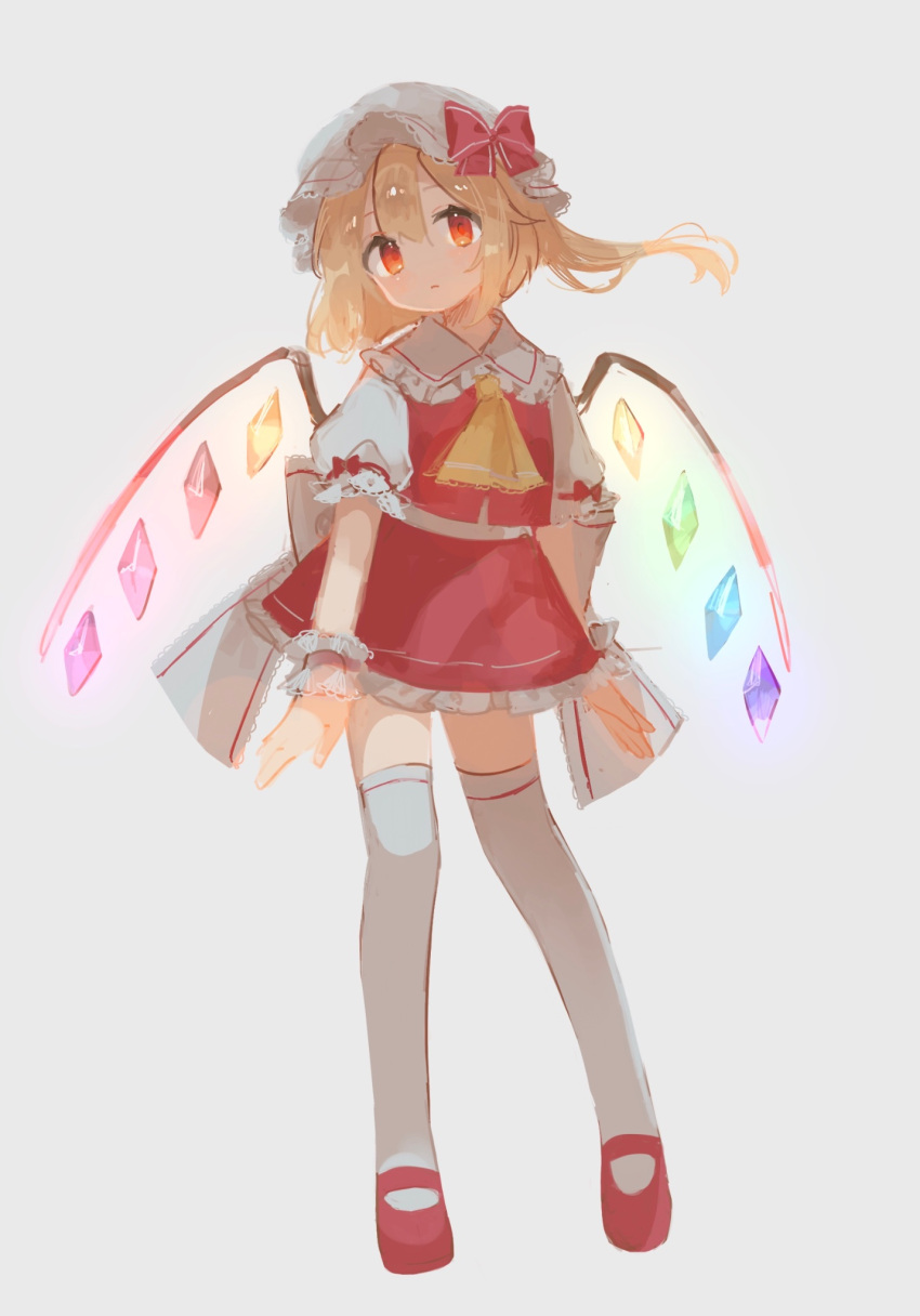 1girl ascot blonde_hair chicachang collared_shirt flandre_scarlet frilled_skirt frilled_sleeves frills full_body glowing glowing_eyes glowing_wings grey_background hat hat_ribbon highres looking_at_viewer mary_janes miniskirt mob_cap one_side_up red_eyes red_footwear red_ribbon red_skirt red_vest ribbon shirt shoes short_hair skirt thigh-highs touhou vest white_headwear white_thighhighs wings wrist_cuffs yellow_ascot
