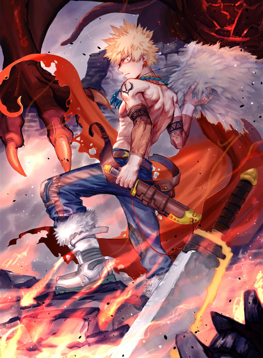 1boy 2nd_popularity_poll_(boku_no_hero_academia) alternate_universe bakugou_katsuki belt birthday blonde_hair blue_pants blurry boku_no_hero_academia boots brown_belt cape claws closed_mouth clothing_request commentary cropped dragon fanny_pack fantasy fire floating_cape from_behind full_body fur-trimmed_boots fur-trimmed_cape fur_trim greatsword grey_footwear hand_on_hilt hand_up highres holding holding_cape holding_clothes knee_pads looking_at_viewer looking_back male_focus milmil_(wa_ten'nendesu) no_shirt official_alternate_costume out_of_frame outdoors pants planted planted_sword red_cape red_eyes rock sanpaku sheath sheathed short_hair short_sword sideways_mouth smoke solo spiky_hair standing stepping sword tooth_earrings torn_cape torn_clothes triangle_print weapon wide-eyed