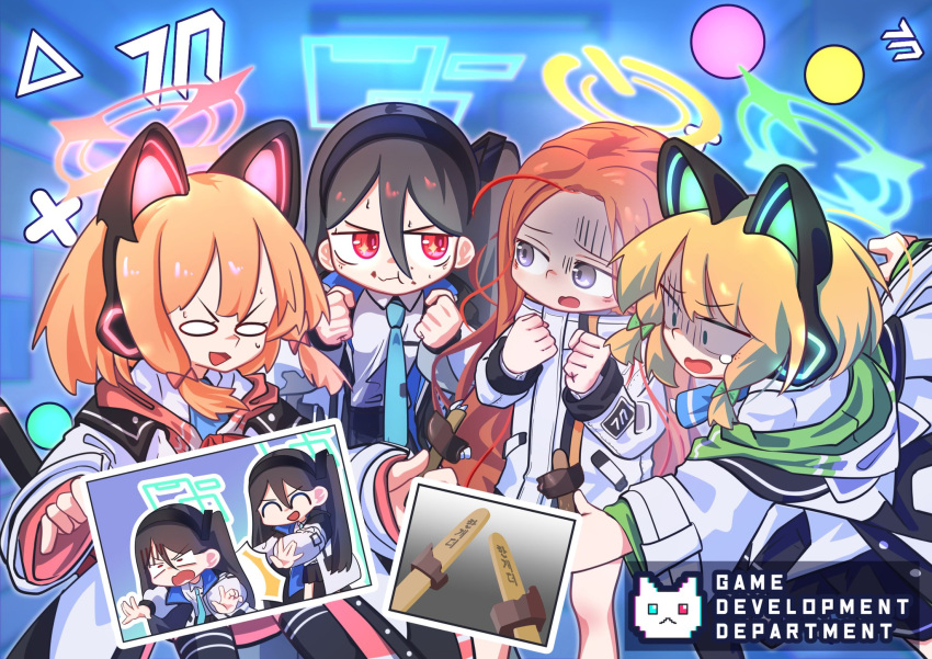 &lt;key&gt;_(blue_archive) 5girls :t animal_ear_headphones animal_ears aris_(blue_archive) black_hair blonde_hair blue_archive blue_eyes blue_necktie cat_ear_headphones fake_animal_ears food game_development_department_(blue_archive) halo headphones hexaa highres jacket midori_(blue_archive) momoi_(blue_archive) multiple_girls necktie o_o open_clothes open_jacket open_mouth popsicle redhead school_uniform shaded_face siblings sisters teeth thigh-highs tie_clip twins upper_teeth_only yuzu_(blue_archive)