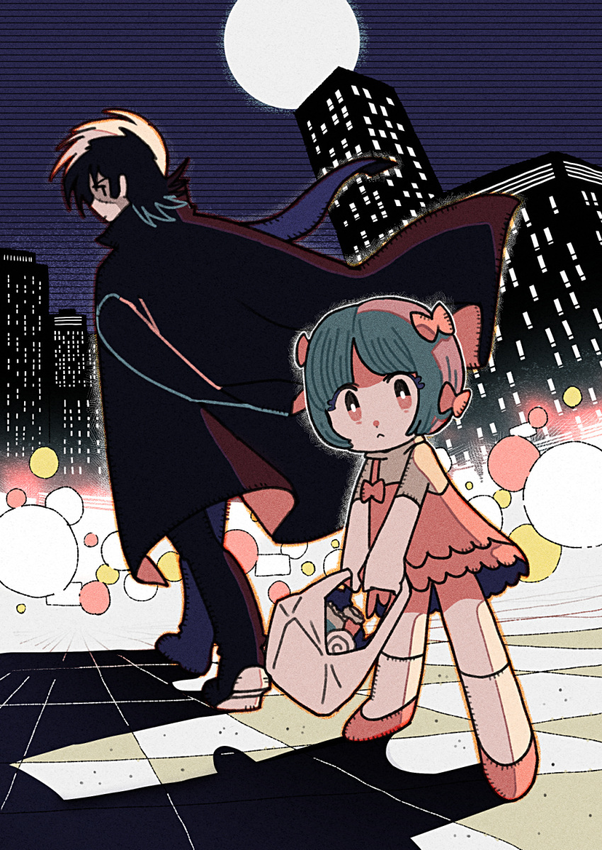 1boy 1girl :&lt; bag black_hair black_jack_(character) black_jack_(series) blurry bokeh bow bright_pupils child city city_lights closed_mouth coat coat_on_shoulders depth_of_field dress expressionless female_child film_grain full_body full_moon hair_bow highres holding holding_bag looking_at_viewer looking_back moon multicolored_hair multiple_hair_bows night night_sky outdoors patchwork_skin pinafore_dress pink_bow pink_dress pink_eyes pinoko plastic_bag scar scar_on_face shopping_bag short_hair short_sleeves sky sleeveless sleeveless_dress socks split-color_hair standing tenteko_mai51 two-tone_hair walking white_hair white_pupils white_socks