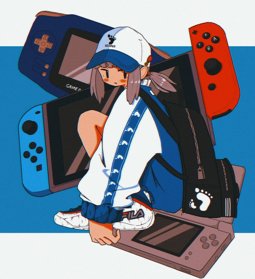 1girl adidas backpack bag baseball_cap black_bag black_eyes blue_background blue_jacket blush brand_name_imitation fila from_side full_body game_boy_advance grey_hair handheld_game_console hat highres jacket looking_at_viewer looking_to_the_side nao97122 nintendo_ds nintendo_switch original outside_border parted_lips shoes short_hair sidelocks sneakers solo squatting white_footwear white_headwear white_jacket white_sleeves