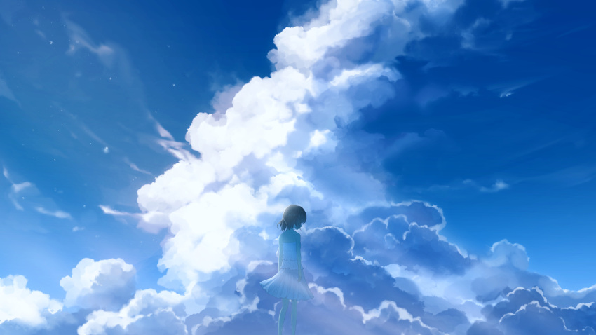 1girl absurdres arms_at_sides bare_shoulders blue_sky brown_hair clouds cloudy_sky cumulonimbus_cloud day facing_to_the_side from_behind furi0831 highres light_rays medium_hair original outdoors pleated_skirt scenery shirt sidelocks skirt sky solo strapless strapless_shirt white_shirt white_skirt wide_shot