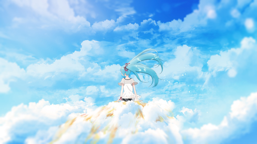 1girl absurdres arms_behind_back black_shorts blue_hair blue_sky clouds cloudy_sky commentary day facing_to_the_side floating_hair from_behind furi0831 hair_ribbon hatsune_miku highres long_hair outdoors pink_ribbon ribbon scenery sekiranun_graffiti_(vocaloid) shirt short_sleeves shorts sidelocks sitting sitting_on_cloud sky solo twintails vocaloid white_shirt wide_shot