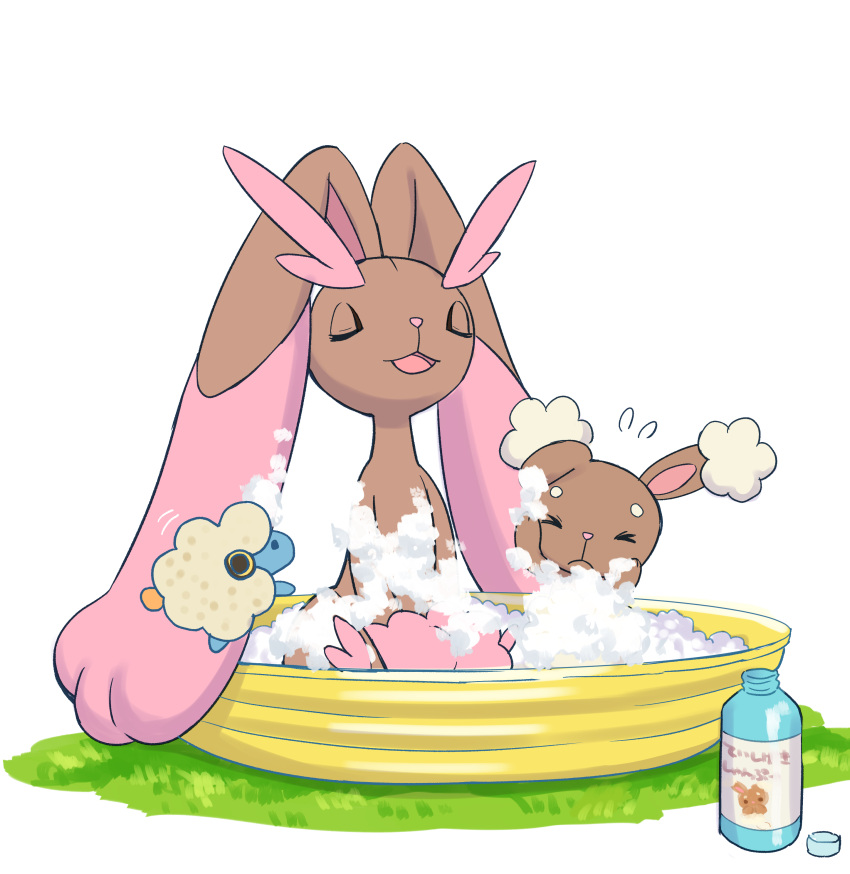&gt;_&lt; 2girls :3 absurdres alternate_color animal_ears animal_nose bath body_fur bottle brown_fur buneary closed_eyes commentary_request evolutionary_line flat_chest flying_sweatdrops furry furry_female grass hands_on_own_cheeks hands_on_own_face happy highres lopunny mareep multiple_girls objectification open_mouth pink_fur pointy_ears pokemon pokemon_(creature) rabbit_ears rabbit_girl shiny_pokemon shiwashiwa_no_kinchakubukuru simple_background smile soap_bubbles sponge translation_request two-tone_fur u_u white_background yellow_fur