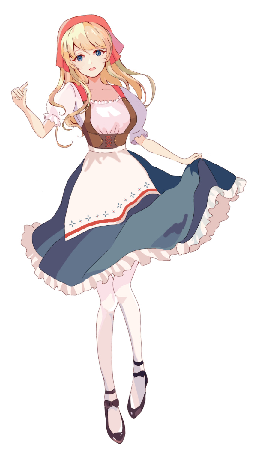 1girl black_footwear blonde_hair blue_skirt bodice bonnet clothes_lift full_body highres honoca_maru long_hair looking_at_viewer open_mouth original pantyhose puffy_short_sleeves puffy_sleeves red_eyes short_sleeves skirt skirt_lift smile solo white_background white_pantyhose