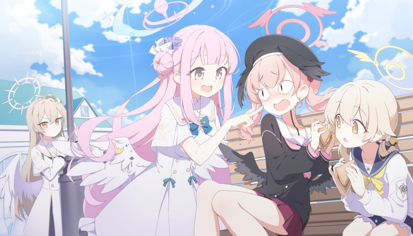 &lt;|&gt;_&lt;|&gt; bench beret black_headwear black_wings blonde_hair blue_archive blue_sailor_collar blush breasts brown_hair building closed_mouth clouds day dress feathered_wings flower food gradient_hair hair_bun halo hat head_wings hifumi_(blue_archive) highres holding holding_food koharu_(blue_archive) long_hair long_sleeves mika_(blue_archive) mini_wings multicolored_hair multiple_girls nagisa_(blue_archive) neckerchief nose_blush open_mouth outdoors pink_hair quarterlift sailor_collar sandwich school_uniform serafuku single_side_bun sitting skirt sky standing twintails very_long_hair white_dress white_sailor_collar white_wings wing_ornament wings yellow_eyes