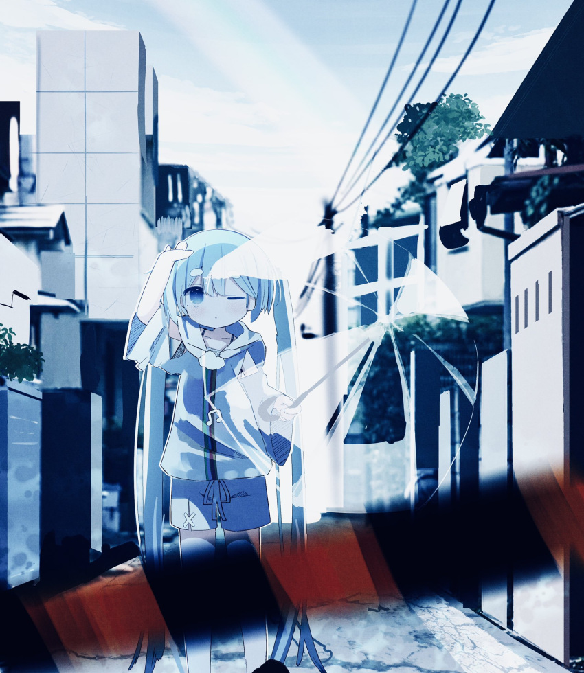 1girl beamed_eighth_notes blue_eyes blue_hair blurry blurry_foreground boom_barrier building commentary day dot_mouth hand_up hatsune_miku highres hikimayu holding holding_umbrella hood hoodie musical_note one_eye_closed outdoors power_lines road shading_eyes shorts solo standing street syare_0603 transparent transparent_umbrella twintails umbrella vocaloid