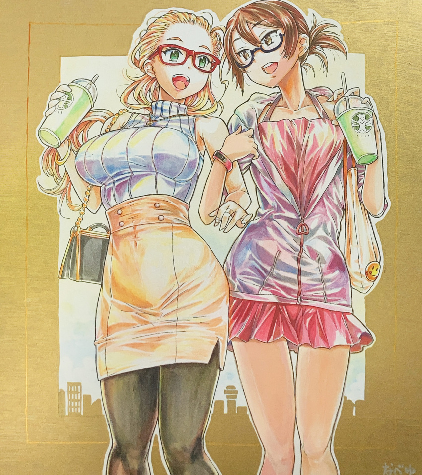 2girls absurdres artist_name bag bandaged_fingers bandages bespectacled black-framed_eyewear black_pantyhose blonde_hair bracelet brown_eyes brown_hair carrying coffee_cup commentary_request commission covered_navel cup disposable_cup dress drinking_straw girls_und_panzer glasses green_eyes hair_pulled_back halter_shirt halterneck handbag high-waist_skirt highres holding holding_cup hood hood_down hoodie jewelry kawanishi_shinobu locked_arms long_hair looking_at_another miniskirt multiple_girls nabeyu open_mouth pantyhose partial_commentary partially_unzipped pencil_skirt pixiv_commission red-framed_eyewear red_dress ribbed_shirt ring sasaki_akebi semi-rimless_eyewear shikishi shirt short_dress short_hair short_ponytail short_sleeves side-by-side signature skirt sleeveless sleeveless_shirt smile standing traditional_media turtleneck under-rim_eyewear white_hoodie white_shirt yellow_skirt