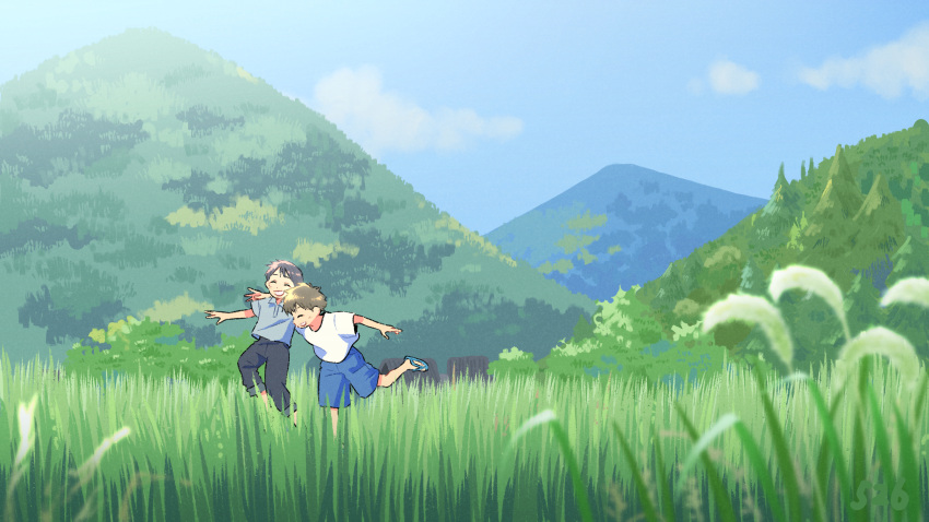 2boys black_pants blue_shorts blue_sky brown_hair closed_eyes clouds collared_shirt day dot_nose facing_viewer field full_body grass grey_shirt grin hair_between_eyes highres kojiro337 landscape male_child male_focus mountain multiple_boys nature open_mouth original outdoors outstretched_arms pants plant sandals scenery shirt short_hair short_sleeves shorts signature sky smile t-shirt teeth tree white_shirt wide_shot