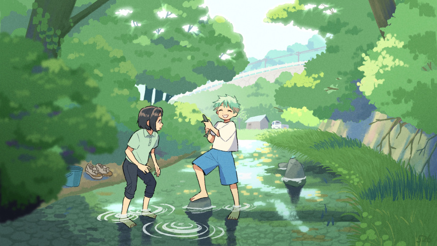 2boys animal barefoot black_pants blue_shorts brown_eyes brown_hair bush closed_eyes collared_shirt facing_another fish grass green_hair green_shirt grin highres holding holding_animal holding_fish kojiro337 landscape male_child male_focus multiple_boys nature open_mouth original pants plant power_lines railing reflection reflective_water ripples river scenery shirt shoes shoes_removed shore short_hair short_sleeves shorts smile t-shirt teeth tree utility_pole wading white_shirt