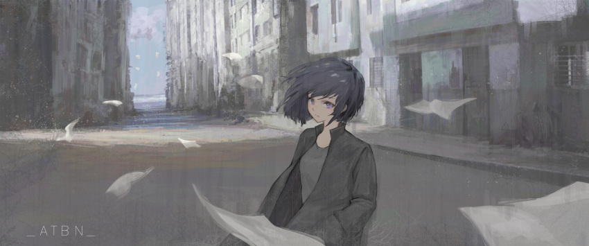 1girl absurdres atbn_(evangeline) black_coat coat grey_hair grey_shirt hand_in_pocket highres inception light_frown original outdoors paper road ruins scenery shirt short_hair signature solo street violet_eyes