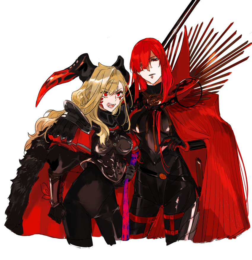 2girls absurdres armor black_armor black_bodysuit black_horns blonde_hair bodysuit breasts cape cropped_legs dragon_horns enilefilnoztlaw facial_mark fangs fate/grand_order fate_(series) hair_over_one_eye highres horns large_breasts long_hair multiple_girls oda_nobunaga_(fate) oda_nobunaga_(maou_avenger)_(fate) open_mouth pointy_ears queen_draco_(third_ascension)_(fate) red_cape red_eyes redhead shoulder_plates sketch wavy_hair