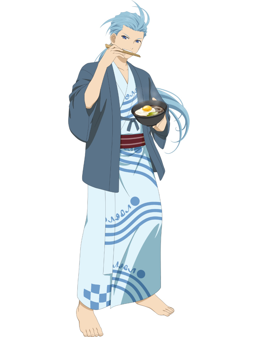 1boy aqua_hair barefoot blue_eyes bowl chester_burklight chopsticks egg_(food) english_commentary food highres holding holding_bowl holding_chopsticks japanese_clothes kimono looking_at_viewer male_focus official_art ponytail tales_of_(series) tales_of_asteria tales_of_phantasia teeth toenails toes transparent_background