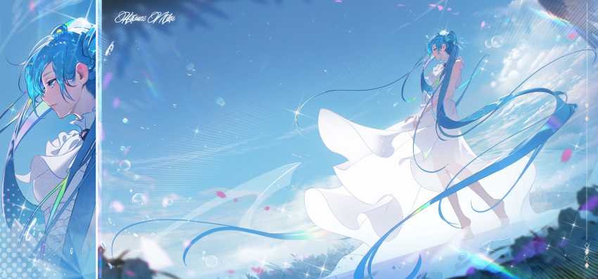 1girl absurdly_long_hair absurdres bare_arms blue_eyes blue_hair blue_sky character_name closed_mouth day dress floating_hair hatsune_miku highres long_hair outdoors profile see-through_silhouette sky sleeveless sleeveless_dress solo sparkle twintails user_knje2344 very_long_hair vocaloid white_dress