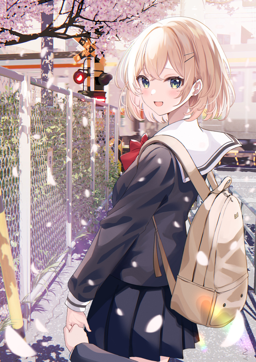 1girl 1other :d backpack bag black_serafuku black_shirt blonde_hair blue_eyes blue_skirt blurry blush bow bowtie chain-link_fence cherry_blossoms commentary_request cowboy_shot day depth_of_field fence hair_ornament hairclip highres holding_hands long_sleeves looking_at_viewer motion_blur open_mouth original outdoors petals pleated_skirt pov puffy_sleeves railing railroad_crossing red_bow red_bowtie sailor_collar school_uniform serafuku shadow shiokazunoko shirt short_hair sidelocks sidewalk skirt smile train tree white_sailor_collar