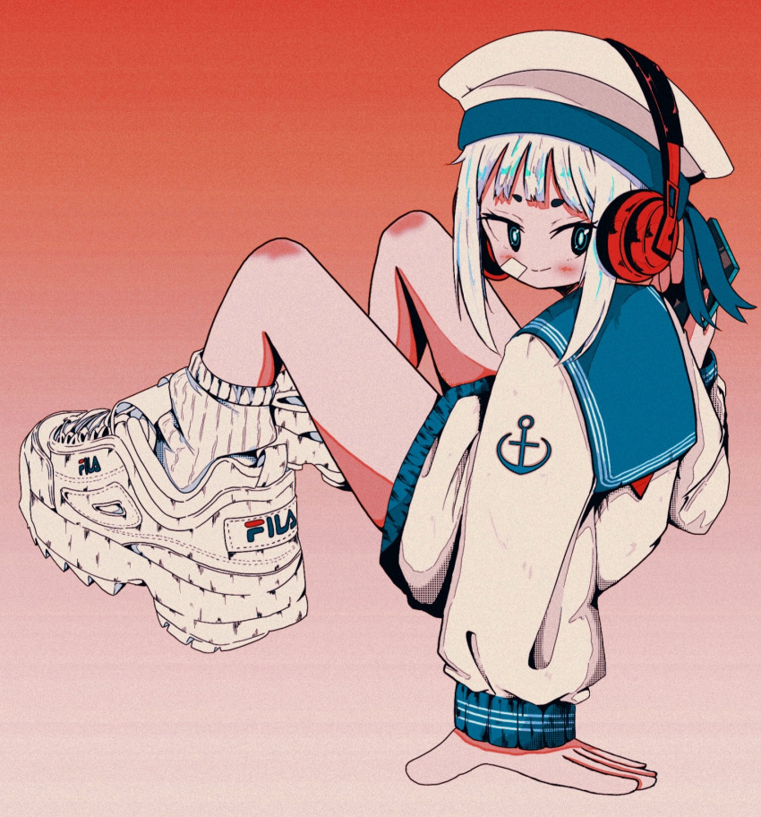 1girl anchor_print arm_support bandaid bandaid_on_cheek bandaid_on_face blue_ribbon blue_sailor_collar blush closed_mouth fila from_behind full_body gradient_background hat hat_ribbon headphones highres holding knees_up long_sleeves looking_at_viewer looking_back nao97122 original red_background ribbon sailor_collar sailor_hat sailor_shirt shirt shoes short_hair sidelocks sitting smile sneakers socks solo white_footwear white_hair white_headwear white_shirt white_socks