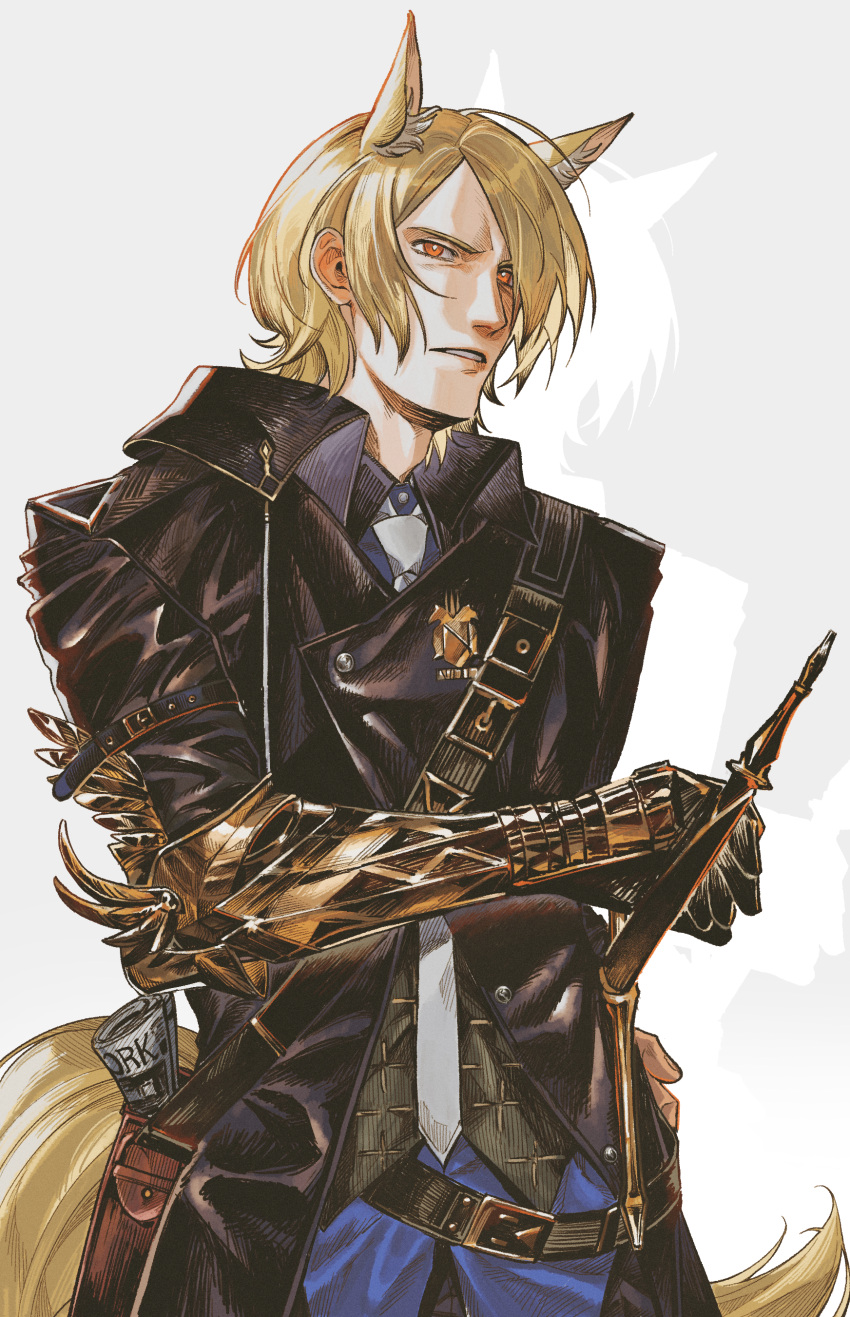 1boy absurdres animal_ear_fluff animal_ears arknights black_jacket black_pants blonde_hair blue_shirt collared_shirt drop_shadow gauntlets grey_background grey_necktie highres horse_boy horse_ears horse_tail jacket male_focus mlynar_(arknights) necktie orange_eyes oxy_(ho2) pants parted_lips shirt simple_background solo standing sword tail weapon