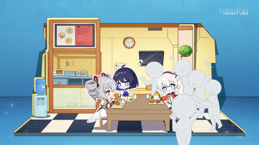 3girls ahoge blush broccoli bronya_zaychik bronya_zaychik_(drive_kometa) cafeteria chibi chicken_(food) chinese_commentary chopsticks clock closed_mouth cup drill_hair faceless flower_pot food fork grey_eyes grey_hair highres holding holding_chopsticks holding_fork honkai_(series) honkai_impact_3rd indoors jacket kiana_kaslana kiana_kaslana_(white_comet) logo looking_at_another menu_board microwave multiple_girls official_art official_wallpaper open_clothes open_jacket open_mouth orange_sleeves plant sausage seele_vollerei seele_vollerei_(swallowtail_phantasm) short_hair sitting smile table twintails wall_clock waving white_hair