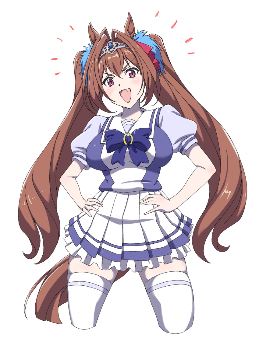 1girl :d absurdres animal_ears blue_bow blue_bowtie bow bowtie breasts brown_hair brown_tail cropped_legs daiwa_scarlet_(umamusume) fang hair_intakes hair_ribbon hands_on_own_hips highres horse_ears horse_girl horse_tail legs_apart looking_at_viewer medium_breasts miniskirt open_mouth pink_eyes pink_ribbon pleated_skirt powerhamuhamu puffy_short_sleeves puffy_sleeves ribbon school_uniform short_sleeves simple_background single_horizontal_stripe skin_fang skirt smile solo standing tail thigh-highs tiara twintails umamusume white_background white_thighhighs zettai_ryouiki
