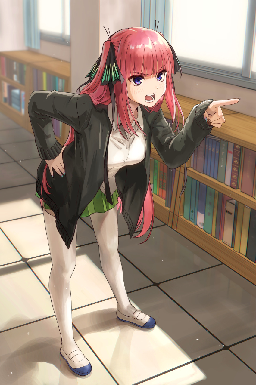 1girl absurdres black_cardigan black_ribbon blue_eyes blunt_bangs blush book bookshelf butterfly_hair_ornament cardigan collared_shirt commentary_request full_body go-toubun_no_hanayome green_skirt hair_ornament hair_ribbon hand_on_own_hip highres indoors ishiyuki jacket long_hair nakano_nino open_cardigan open_clothes open_jacket open_mouth pink_hair pleated_skirt pointing pointing_to_the_side revision ribbon school_uniform shirt shoes sidelocks skirt solo teeth thigh-highs uwabaki white_shirt white_thighhighs window