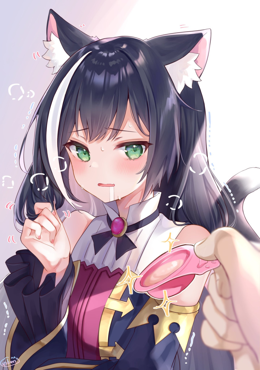 1girl 1other animal_ears bare_shoulders black_hair blush cat_ears cat_girl cat_tail commentary_request detached_sleeves dress drooling fang food green_eyes hair_between_eyes hand_up highres holding holding_food holding_spoon karyl_(princess_connect!) long_hair looking_at_viewer multicolored_hair neco_meito pov princess_connect! solo_focus spoon streaked_hair tail trembling twintails two-tone_hair upper_body white_hair