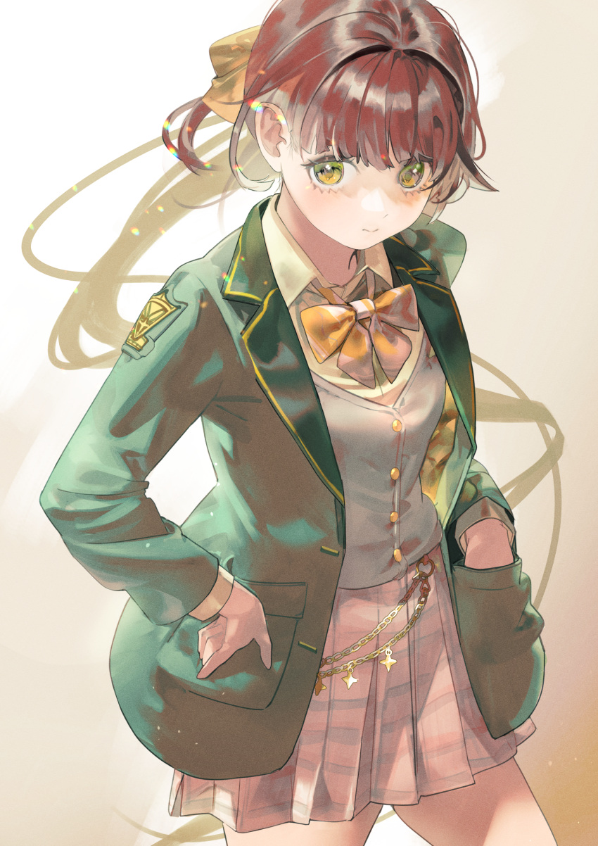 1girl blazer blunt_bangs blush bow bowtie brown_hair buttons closed_mouth collared_shirt cowboy_shot green_jacket hair_behind_ear hair_bow hand_in_pocket hand_on_own_hip highres jacket legs_apart long_hair looking_at_viewer nik_ibi original pink_skirt pleated_skirt ponytail school_uniform shirt sidelocks skirt solo thighs vest white_shirt white_vest yellow_bow yellow_bowtie yellow_eyes