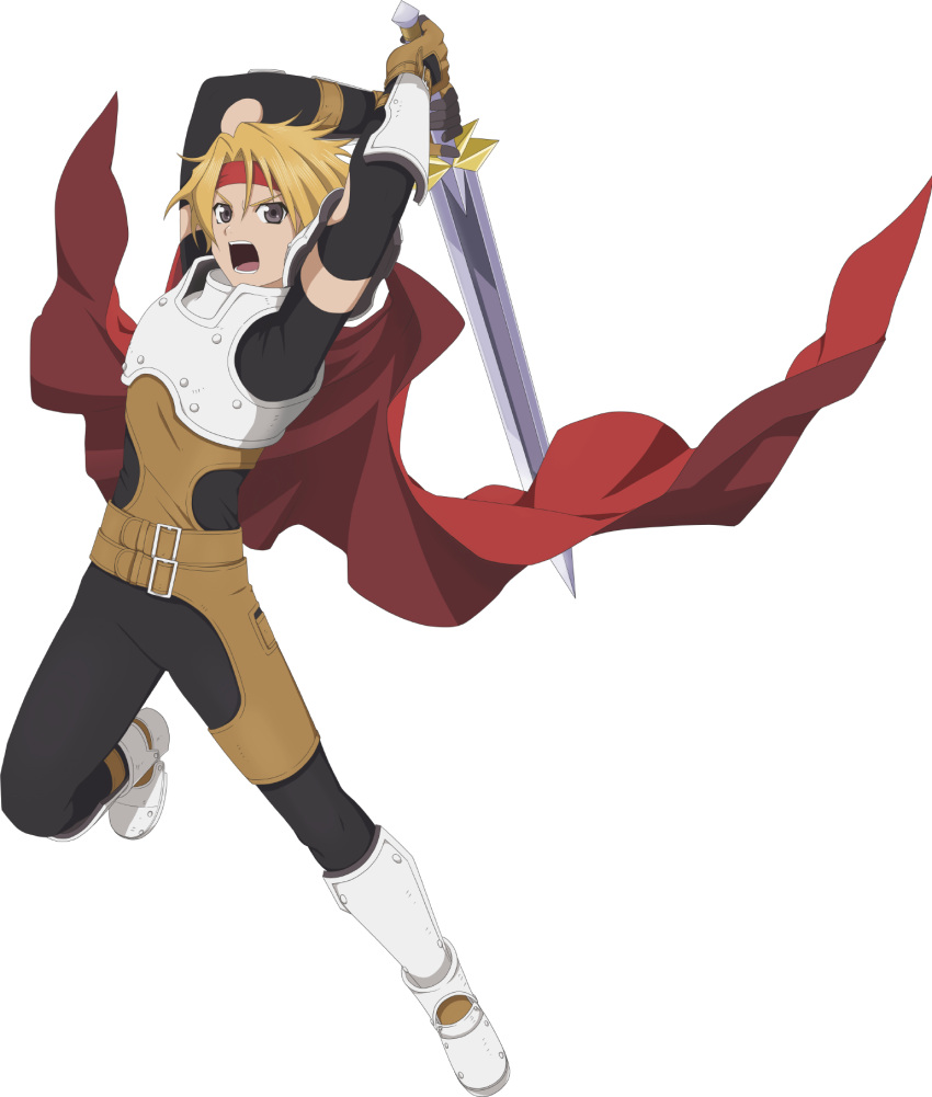 1boy armor belt_buckle blonde_hair blue_eyes boots buckle cape cress_albane english_commentary full_body headband highres holding holding_sword holding_weapon male_focus official_art open_mouth red_cape red_headband solo sword tales_of_(series) tales_of_asteria tales_of_phantasia teeth transparent_background weapon