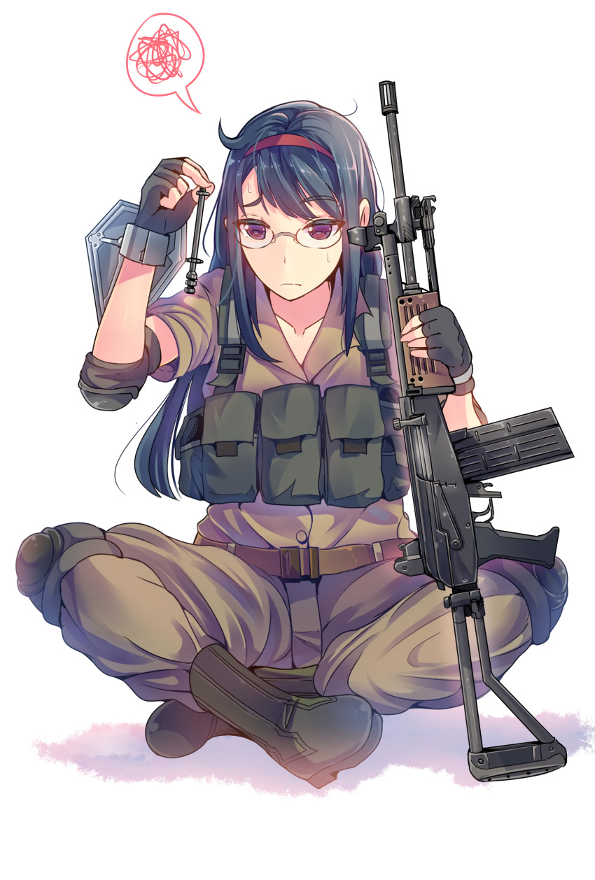 1girl absurdres ammunition_pouch arm_shield assault_rifle bad_id bad_twitter_id battle_rifle belt bipod black_gloves blue_hair boots brown_belt brown_pants brown_shirt buttons chest_rig closed_mouth collarbone collared_shirt crossed_ankles daito dark_blue_hair elbow_pads fatigues fingerless_gloves flip-up_sight folding_stock frown full_body gloves green_footwear gun hairband highres holding holding_gun holding_weapon imi_galil long_hair looking_at_object military_uniform open_collar original pants pants_tucked_in parted_hair pouch red_hairband rifle semi-rimless_eyewear shadow shield shirt shirt_tucked_in short_sleeves simple_background sitting solo speech_bubble spoken_squiggle squiggle swept_bangs third-party_source tsurime uniform violet_eyes weapon white_background