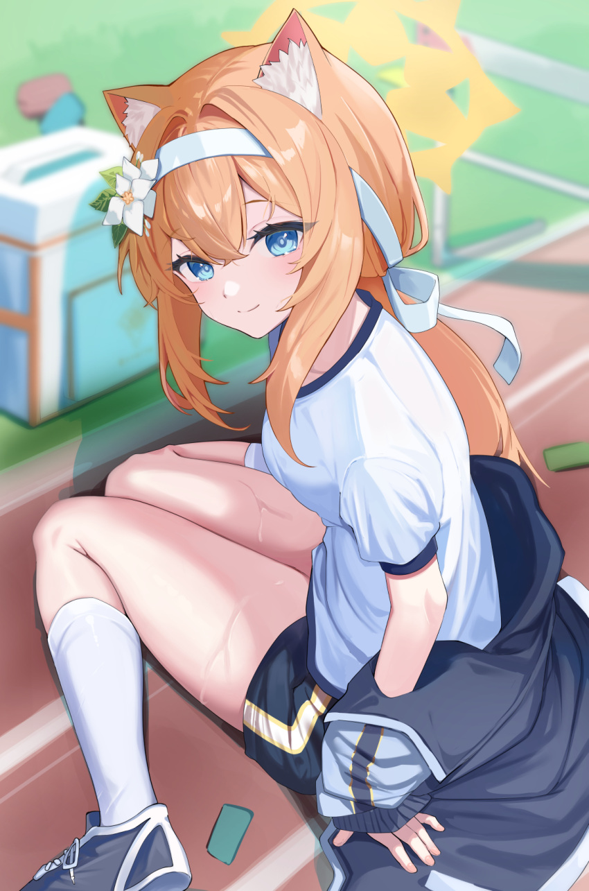 1girl animal_ear_fluff animal_ears blue_archive blue_eyes blush closed_mouth flower from_above from_behind gym_shirt gym_shorts gym_uniform hair_flower hair_ornament hairband halo headband highres hitachi_sou jacket long_hair long_sleeves looking_at_viewer looking_back mari_(blue_archive) mari_(track)_(blue_archive) multicolored_clothes multicolored_jacket official_alternate_costume orange_hair shirt shoes shorts sitting smile sneakers solo sweat track_jacket two-tone_jacket white_flower white_hairband white_headband yellow_halo