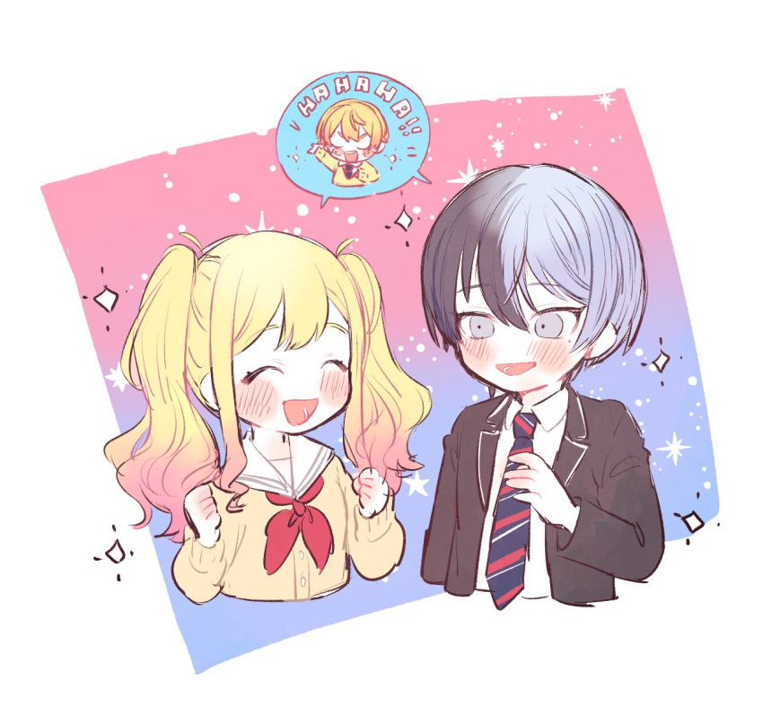 ! !! 1girl 2boys :d ^_^ aoyagi_touya black_jacket blank_eyes blazer blonde_hair blue_hair blue_necktie blush blush_stickers buttons cardigan chibi chibi_inset circle clenched_hands closed_eyes collared_shirt commentary_request cropped_torso dark_blue_hair diagonal-striped_necktie double-parted_bangs facing_another framed gradient_background gradient_hair grey_eyes hair_between_eyes hand_on_own_chest hand_up happy highres jacket kamiyama_high_school_uniform_(project_sekai) lapels laughing light_blue_background light_blue_hair long_hair looking_at_another lower_teeth_only miyamasuzaka_girls'_academy_school_uniform mole mole_under_eye multicolored_background multicolored_hair multicolored_necktie multiple_boys neckerchief necktie notched_lapels open_clothes open_jacket open_mouth pink_background poppu_usagi project_sekai red_neckerchief red_necktie sailor_collar school_uniform serafuku shared_speech_bubble shirt short_hair sidelocks sketch smile sparkle speech_bubble split-color_hair spoken_character star_(symbol) teeth tenma_saki tenma_tsukasa twintails two-tone_hair upper_body upper_teeth_only wavy_hair white_background white_necktie white_sailor_collar white_trim yellow_cardigan