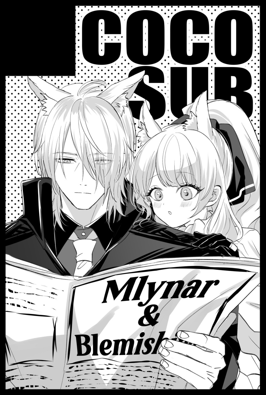 1boy 1girl :o animal_ear_fluff animal_ears arknights blemishine_(arknights) blush character_name extra_ears eyes_visible_through_hair gloves greyscale hair_over_one_eye highres holding holding_newspaper horse_ears long_hair mlynar_(arknights) monochrome necktie newspaper onasu_(nasubinari) parted_lips ponytail reading short_hair uncle_and_niece upper_body