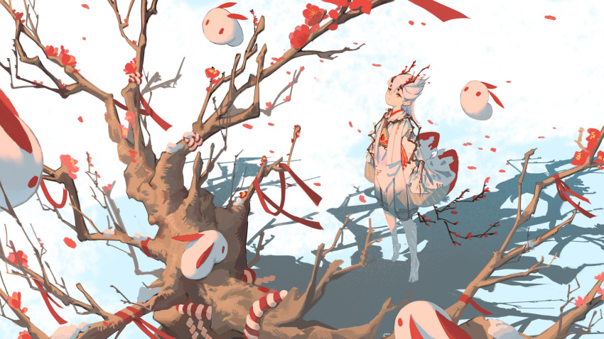 absurdres antlers barefoot character_request deer_antlers falling_petals flower from_above highres japanese_clothes kimono long_hair long_sleeves looking_up onmyoji petals plum_blossoms rabbit red_eyes red_flower shadow snow tree white_hair white_kimono wide_sleeves winter yi_er_san