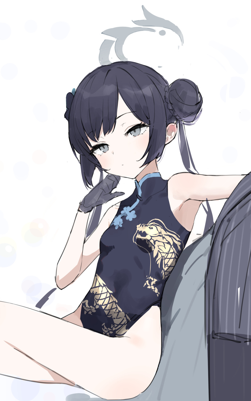 1girl absurdres black_gloves black_hair blue_archive blue_eyes blush china_dress chinese_clothes closed_mouth crossed_legs dragon dragon_print dress gloves grey_jacket hair_bun halo highres jacket kisaki_(blue_archive) legs light_blush long_hair no_panties off_shoulder simple_background sitting solo xg551k1bq1nn