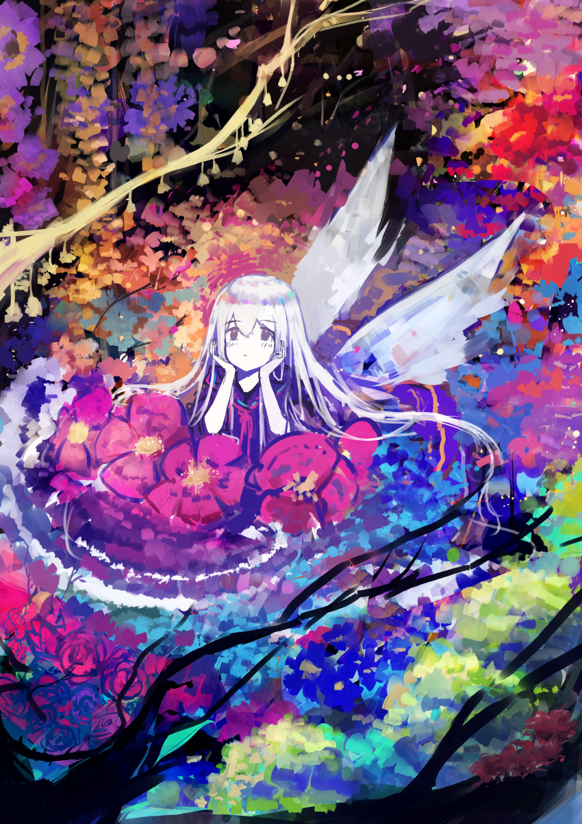 1girl absurdres axleaki blush branch closed_mouth colorful fairy fairy_wings flower grey_eyes hair_between_eyes head_rest highres long_hair looking_at_viewer nature no_pupils original sidelocks solo tree white_hair wings