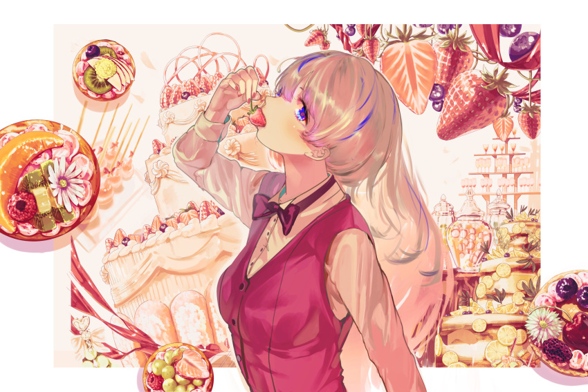 1girl arm_behind_back blue_eyes blush border bow bowtie brown_hair cake collared_shirt eating food food_in_mouth from_side fruit hair_between_eyes hand_up highres long_hair long_sleeves looking_at_viewer nail_polish nik_ibi orange_(fruit) orange_slice original outside_border red_bow red_bowtie red_nails red_pupils red_vest shirt sidelocks sideways_glance solo strawberry sweets traditional_bowtie upper_body vest white_border white_shirt