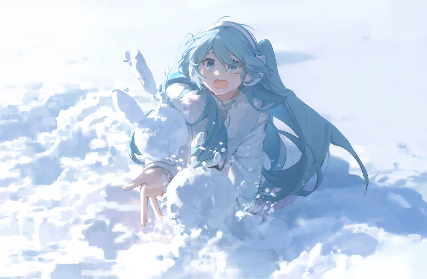 1girl absurdres all_fours arm_support blue_eyes blue_hair blush dot_nose earmuffs full_body hair_between_eyes hairband hatsune_miku highres jacket konya_karasue long_hair long_sleeves open_hand open_mouth raised_eyebrows rectangular_mouth ribbed_sweater shadow sidelocks snow snowball solo sweater tearing_up turtleneck turtleneck_sweater twintails vocaloid white_hairband white_jacket white_sweater winter