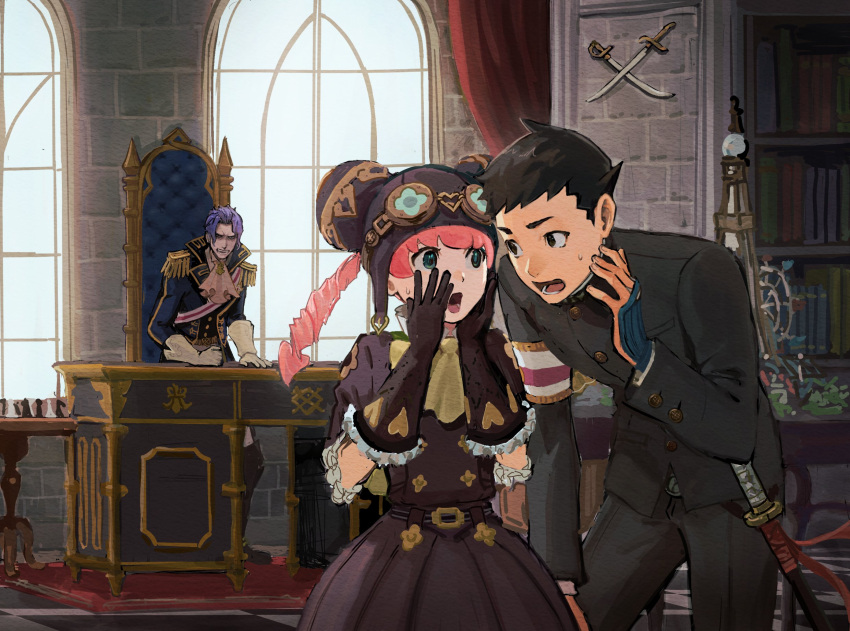 0shlkatsu 1girl 2boys ace_attorney aqua_eyes armband barok_van_zieks black_eyes black_hair black_jacket black_pants book bookshelf bow brown_gloves buttons chair checkered_floor commentary curtains epaulettes frilled_gloves frills gloves goggles goggles_on_head highres indoors iris_wilson jacket katana long_hair long_sleeves looking_at_another multiple_boys open_mouth pants pink_hair purple_hair ryunosuke_naruhodo sash short_hair sweatdrop sword symbol-only_commentary table the_great_ace_attorney weapon white_gloves white_jabot white_sash window yellow_bow