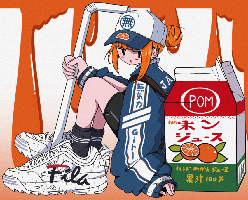 1girl backpack bag baseball_cap bike_shorts black_shorts black_socks blue_sweater blunt_bangs commentary drinking_straw dripping fila from_side full_body hair_bun hand_up hat highres holding holding_drinking_straw juice_box knees_up long_sleeves looking_to_the_side nao97122 orange_background orange_hair orange_juice original oversized_object print_sweater shoes shorts sidelocks sitting sleeves_past_wrists sneakers socks solo streetwear sweater symbol-only_commentary white_background white_footwear white_headwear