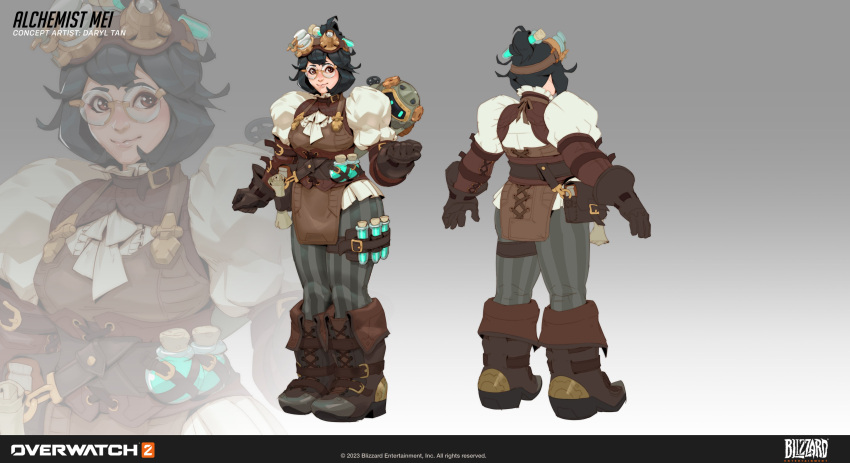 1girl 2023 a-pose absurdres alchemist belt bigmeatsenpai black_hair breasts brown_eyes brown_footwear character_name clenched_hands concept_art copyright_name english_commentary english_text eyewear_on_head full_body glasses grey_background hair_ornament highres logo map medium_breasts mei_(overwatch) official_alternate_costume official_art open_hands overwatch overwatch_2 potion robot round_eyewear short_hair simple_background smile snowball_(overwatch) solo standing white_sleeves