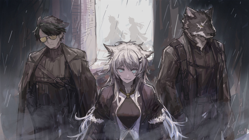 2girls 3boys animal_ears arknights black_jacket black_shirt blue_eyes capone_(arknights) commentary_request furry furry_male gambino_(arknights) grey_hair grin hair_ornament hairclip highres jacket lappland_(arknights) long_hair multiple_boys multiple_girls open_clothes open_jacket outdoors penance_(arknights) rain setsuka_(okuna_sin) shirt silhouette sketch smile very_long_hair vigil_(arknights) white_shirt yellow_eyes