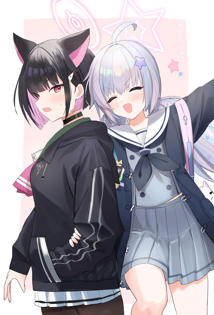 2girls absurdres ahoge arm_hug backpack bag black_hair black_jacket black_neckerchief blue_archive blue_jacket blush brown_pantyhose closed_eyes colored_inner_hair grey_shirt grey_skirt hair_ornament hairclip halo hand_in_pocket highres jacket kazusa_(blue_archive) long_sleeves low_twintails miniskirt multicolored_hair multiple_girls nakonbu neckerchief open_clothes open_jacket open_mouth outstretched_arm pantyhose purple_hair red_eyes reisa_(blue_archive) sailor_collar shirt short_hair sideways_mouth skirt star_(symbol) star_hair_ornament sweatdrop twintails upper_body v-shaped_eyebrows white_skirt