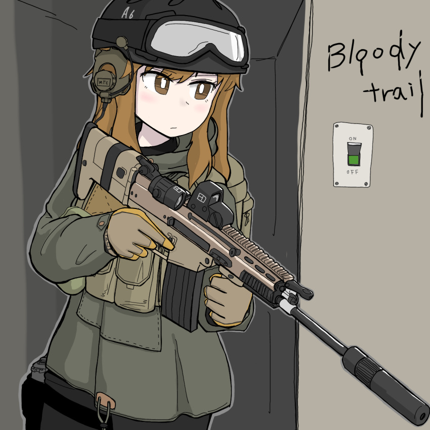 1girl ammunition_pouch assault_rifle black_headwear black_shirt bright_pupils brown_eyes brown_hair chest_rig closed_mouth combat_helmet commentary doorway english_commentary english_text flip-up_sight fn_scar fn_scar_16 folding_stock foregrip gloves goggles goggles_on_headwear grey_gloves grey_jacket grey_pants gun headset helmet highres holding holding_gun holding_weapon hood hood_down hooded_jacket hybrid_sight indoors jacket light_switch long_hair long_sleeves looking_ahead optical_sight original pants pouch rifle rustybilge shirt suppressor trigger_discipline two-tone_gloves upper_body vertical_foregrip weapon white_pupils yellow_gloves